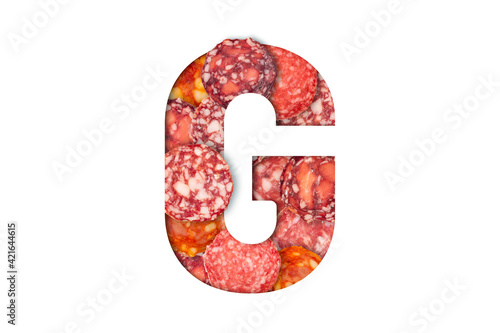 Sausage alphabet isolated on white background. Latin Food alphabet. Sausage letter G