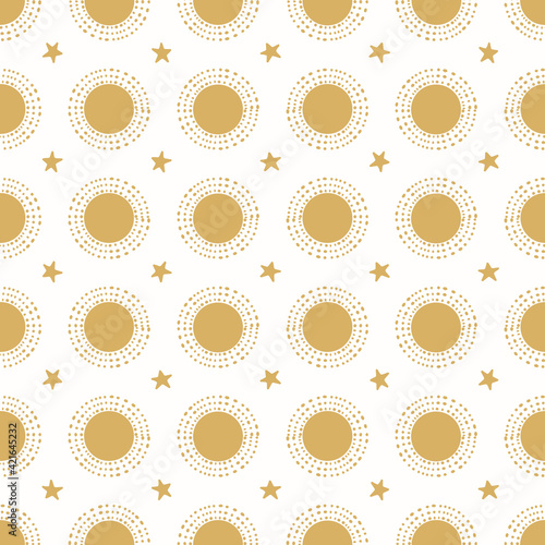 Suns and Stars Gold Grid Seamless Vector Pattern Background