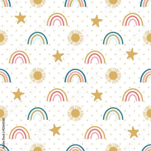 Colorful Diagonal Rainbow, Stars, and Suns Seamless Pattern Background