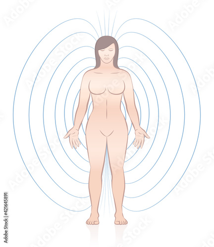 Human magnetic field. Standing woman with lines and energetic pattern around her body. Complementary healing treatment. Vector illustration on white background.
