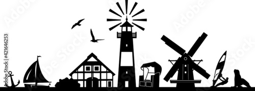 Lighthouse Windmill Landscape Silhouette Vector