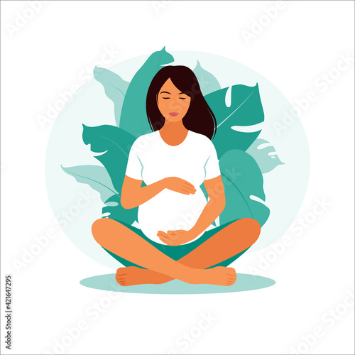 Concept pregnancy, motherhood. Pregnant woman with nature leaves background. Illustration in flat style.