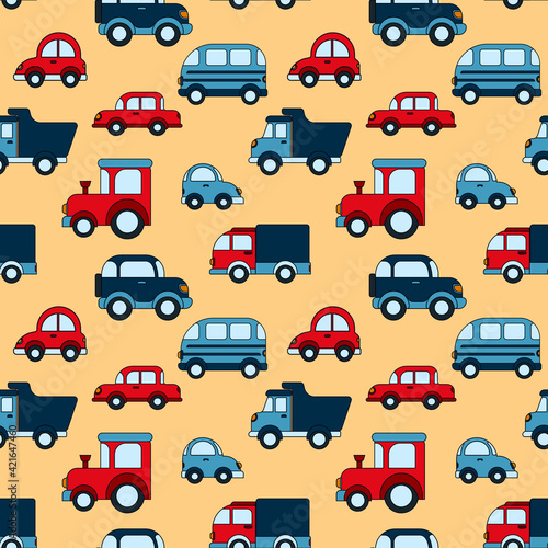 Vector seamless pattern with hand drawn vintage cars made in textured way. Beautiful design elements  perfect for nursery.