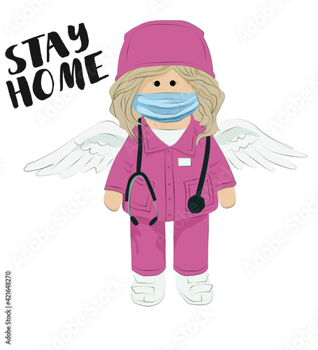 a doctor doll in a pink suit and a sewn-up mask. doctors are our guardian angels in the fight against coronavirus infection
.concept stay home, pandemic. 
