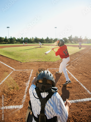 USA, California, little league baseball team (10-11) during baseball match photo