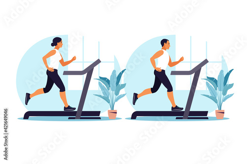 Men and woman running on a treadmill at home. Healthy lifestyle concept. Sport training. Fitness. Vector illustration. Flat.