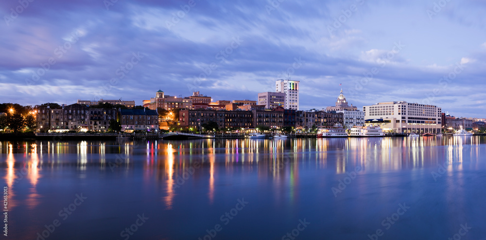 USA, Georgia, Savannah, City skyline by river USA, Georgia, Savannah, City skyline by river