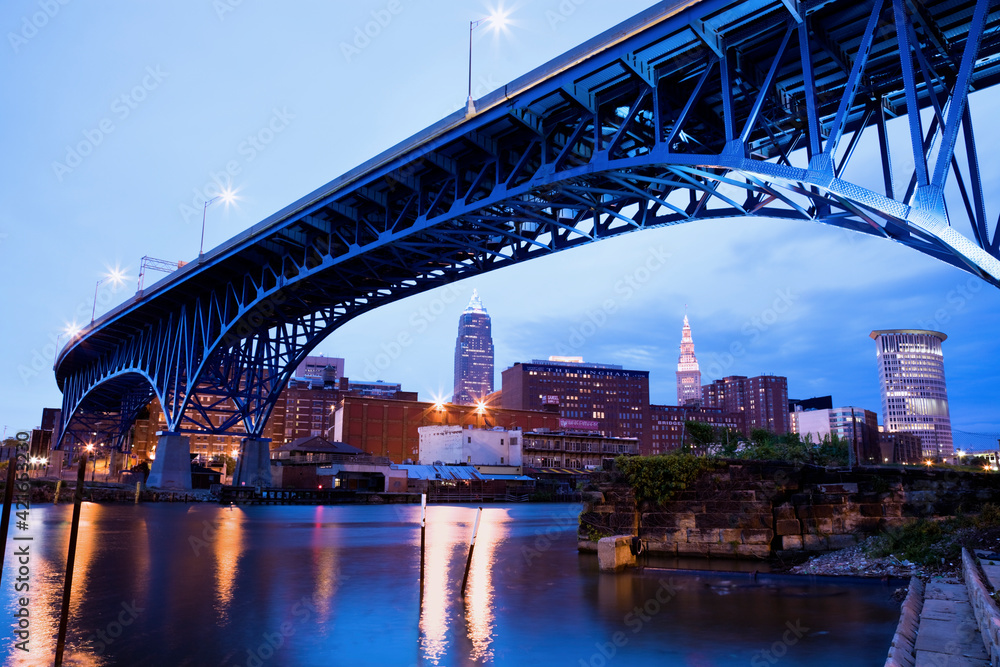 USA, Ohio, Cleveland, Bridge over River Cuyahoga USA, Ohio, Cleveland, Bridge over River Cuyahoga
