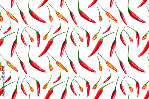 Red hot chili peppers seamless pattern isolated on white background. Top view. Flat lay. Banner