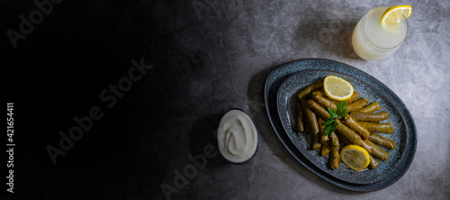 Top view, Plate with delicious, stuffed grape leaves with parsley and lemons called Dolma , made from vines with rice, meat and spices.