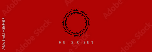 Crown of thorns on a red background with the inscription He is risen. 
