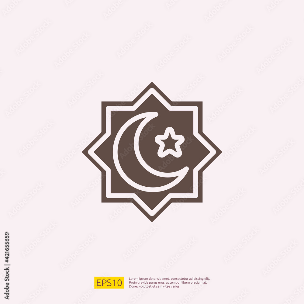 Moon and Star silhouette glyph solid Icon for Muslim and Ramadan theme concept. Vector illustration