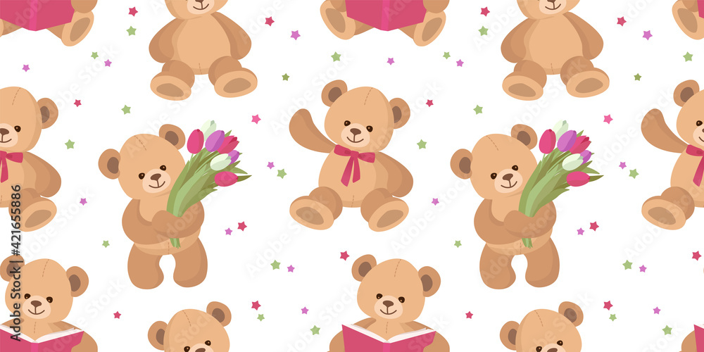 Teddy Bear seamless pattern. Happy cute Toy Bear. Design for textile, fabric, gift paper.