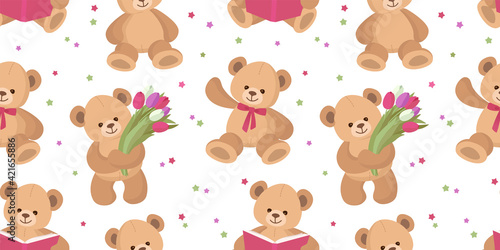 Teddy Bear seamless pattern. Happy cute Toy Bear. Design for textile, fabric, gift paper. © Olga