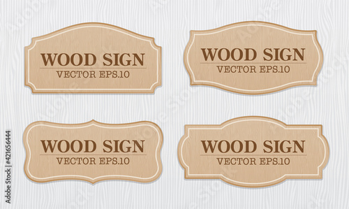 Classical wood signage vector set on white wood texture background.