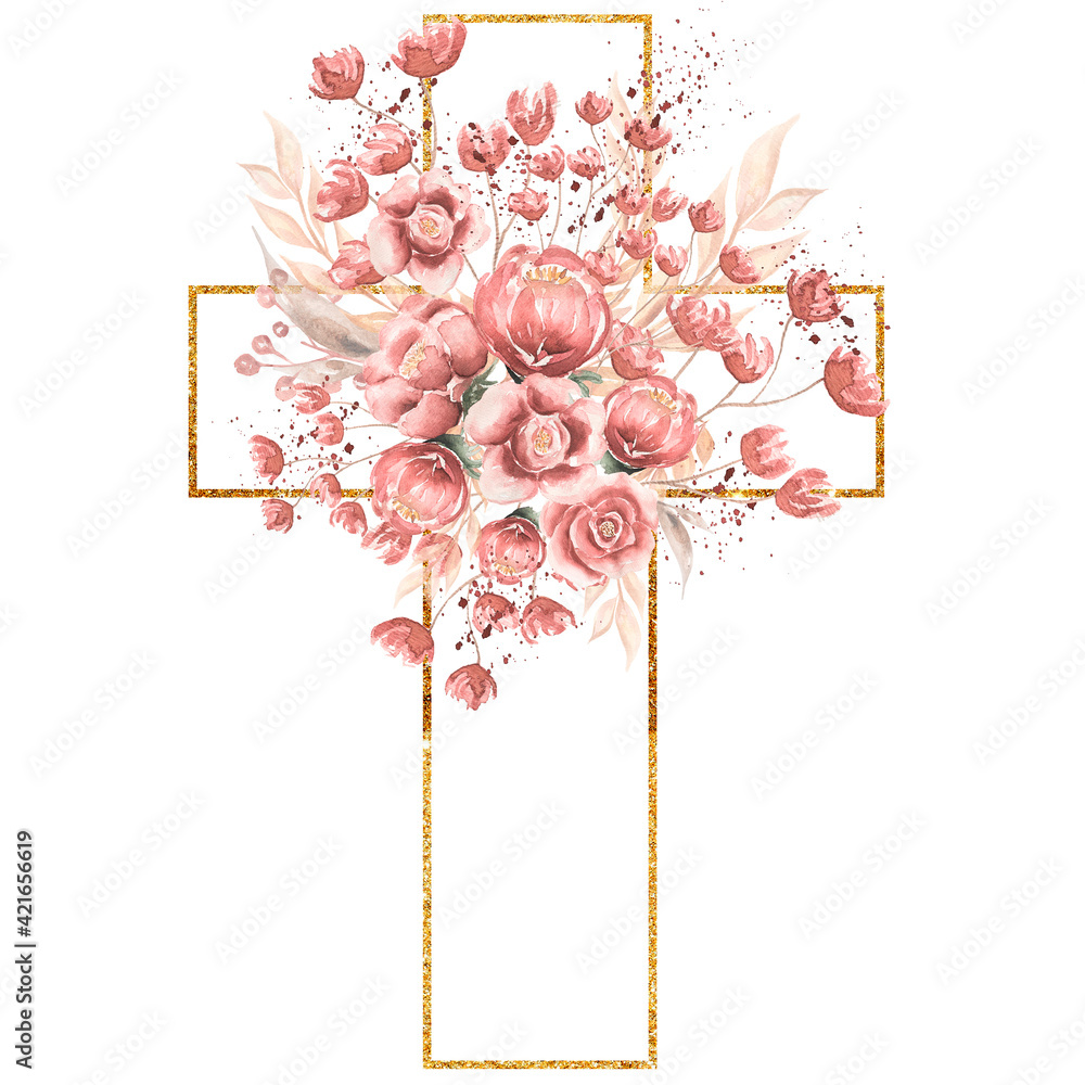 Watercolor hand painted Pink Florals Cross Clipart, Easter Religious ...