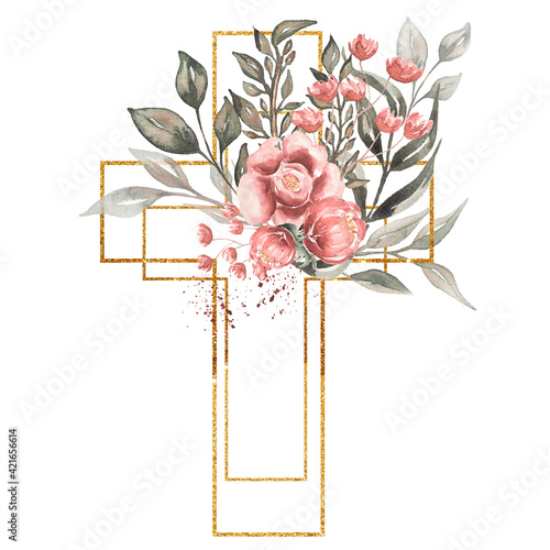 Watercolor hand painted  Floral Cross Clipart, Easter Religious greenery illustration,  Baptism Cross clip art,  Holy Spirit clipart, golden frame photo