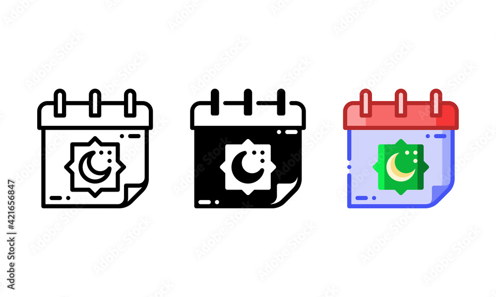Hijri calendar icon. With outline, glyph, and filled outline styles Hijri calendar icon. With outline, glyph, and filled outline styles