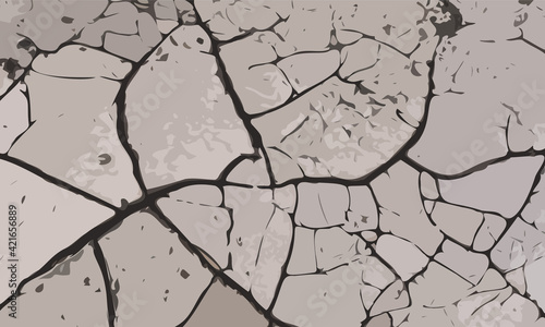Dry cracked gray earth. Soil during the drought season. Background close up. The texture of the desert. Vector illustration.