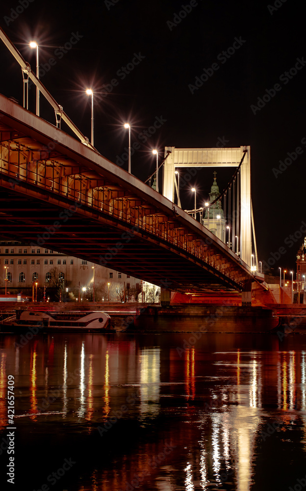 Fototapeta premium Budapest at night, Erzsebet bridge on the Danube river, reflection of night lights on the water