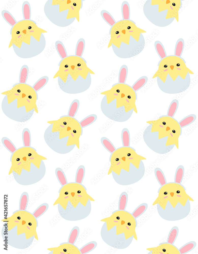 Vector seamless pattern of flat cartoon chick in egg shell with rabbit ears isolated on white background Vector seamless pattern of flat cartoon chick in egg shell with rabbit ears isolated on white background