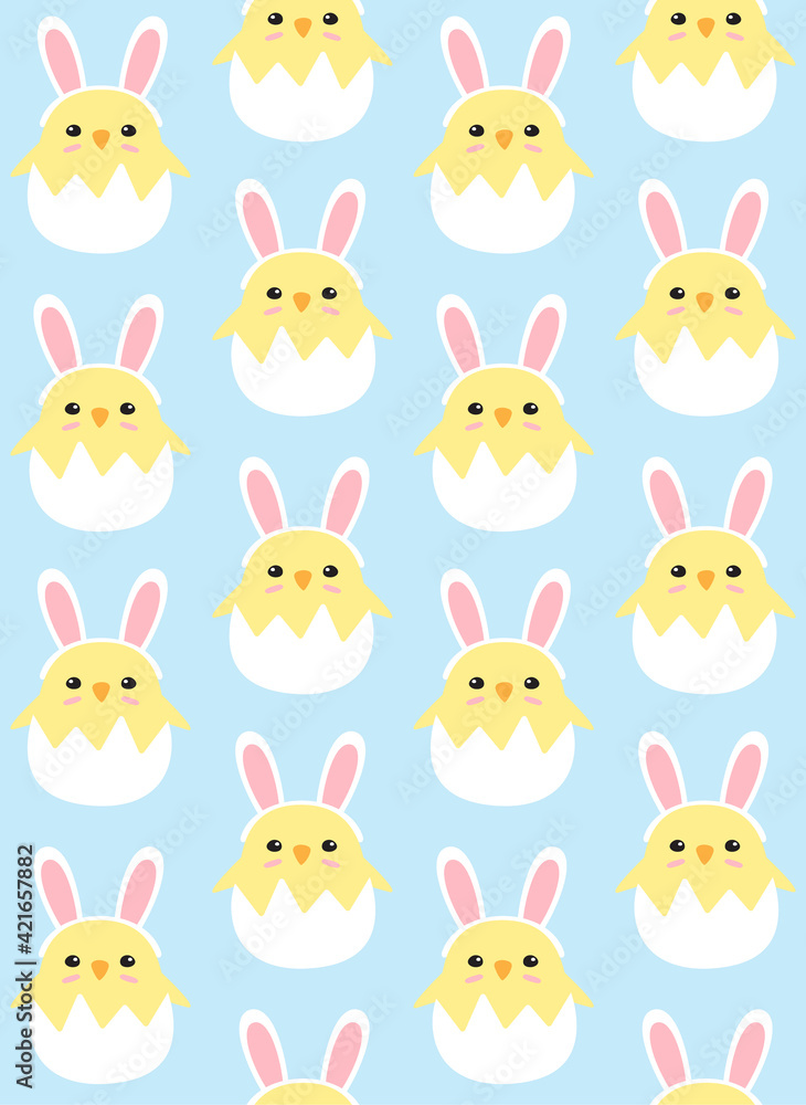 Naklejka premium Vector seamless pattern of easter chick with rabbit ears in egg shell isolated on blue background