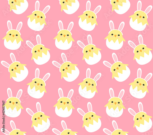 Vector seamless pattern of flat cartoon chick in egg shell with rabbit ears isolated on pink background