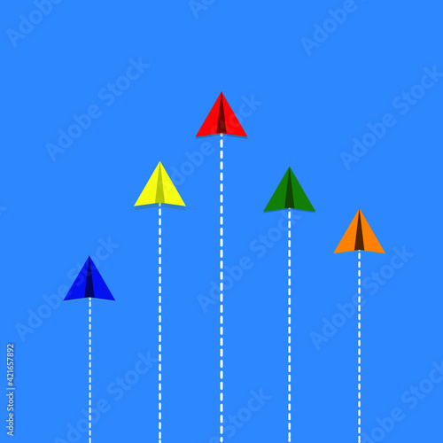 A vector of 5 colour paper plane flying direction. Leadership and leading the line concept.