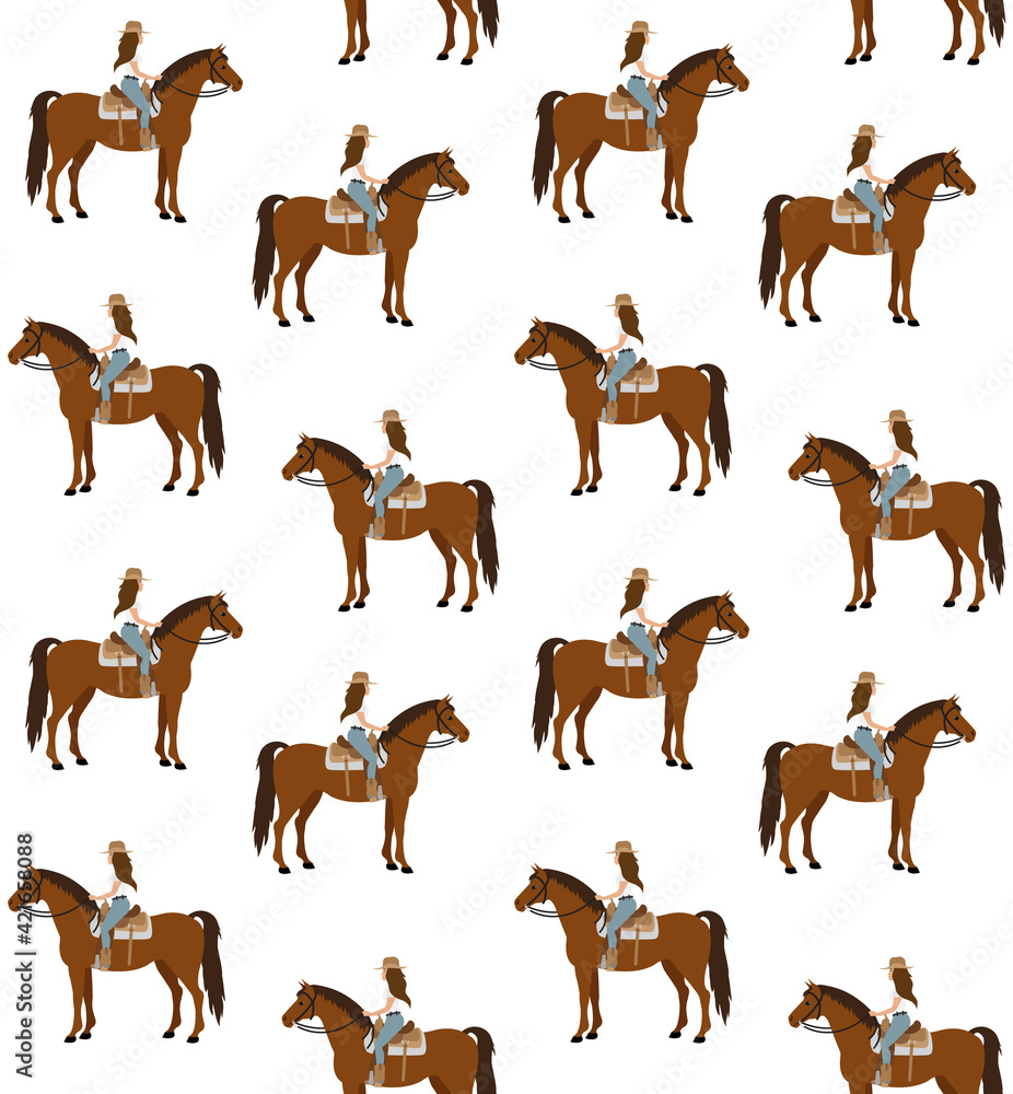 Obraz premium Vector seamless pattern of flat cowboy woman girl riding western horse isolated on white background