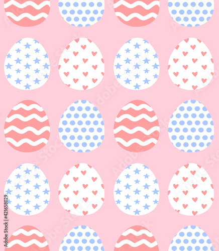 Vector seamless pattern of flat cartoon easter eggs isolated on pink background