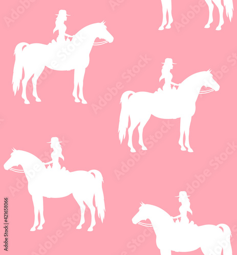 Vector seamless pattern of cowboy woman girl riding western horse silhouette isolated on pink background