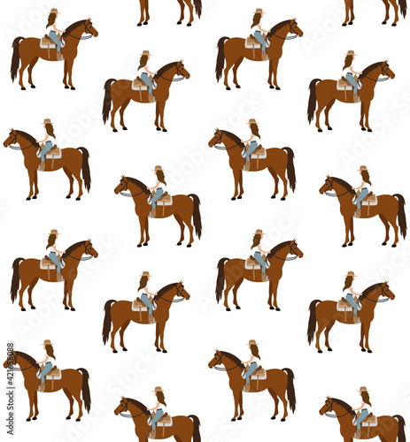 Vector seamless pattern of flat cowboy woman girl riding western horse isolated on white background