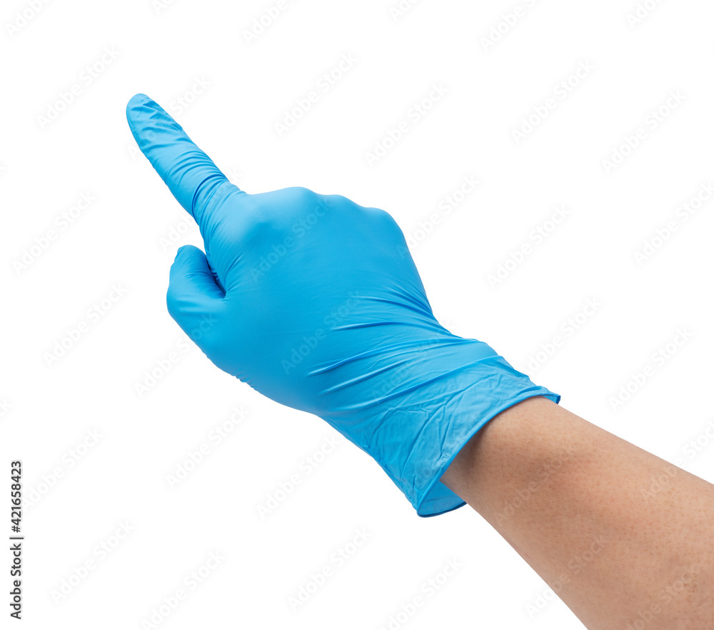 Hand wearing nitrile gloves on white background Hand wearing nitrile gloves on white background