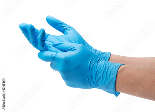 Two hands wearing nitrile gloves on a white background photo