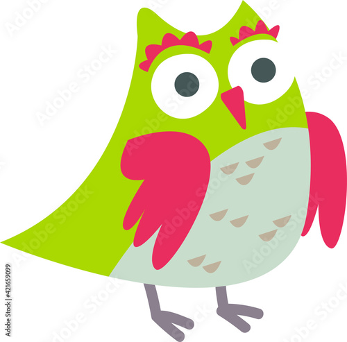 Clipart Cute funny green owl. Children s print with a bird owl. Print for the children s room. Decor for decoration. Vector illustration in cartoon style.