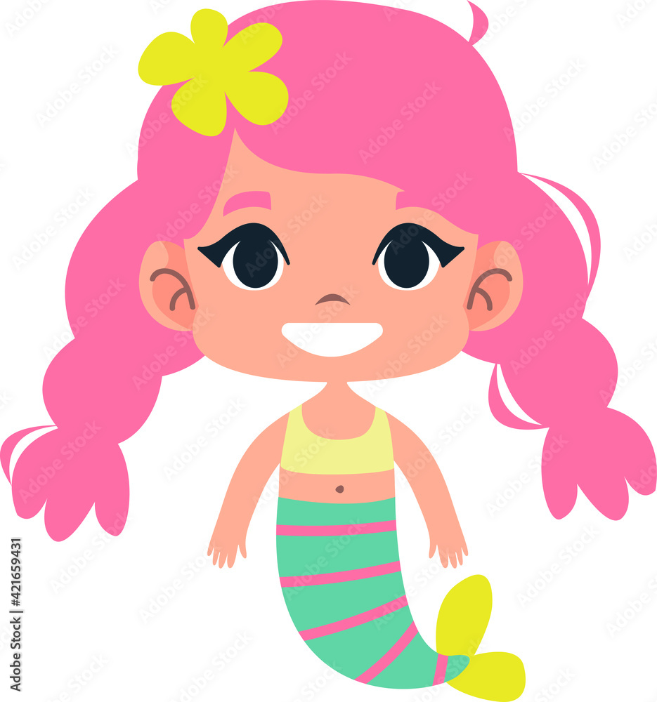 Clipart cute little mermaid with pink hair. Fairy princess for girls. Print For the children's room. Pastel color. Retro style. Decor for decoration. Vector illustration in cartoon style.