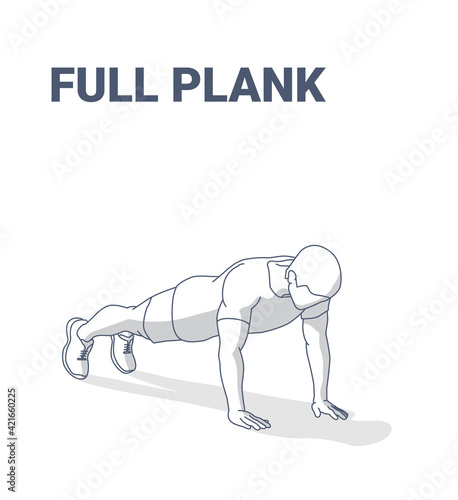 Full Plank Men Home Workout Exercise Guidance Illustration. Sporty Male Working at Home on His Abs.