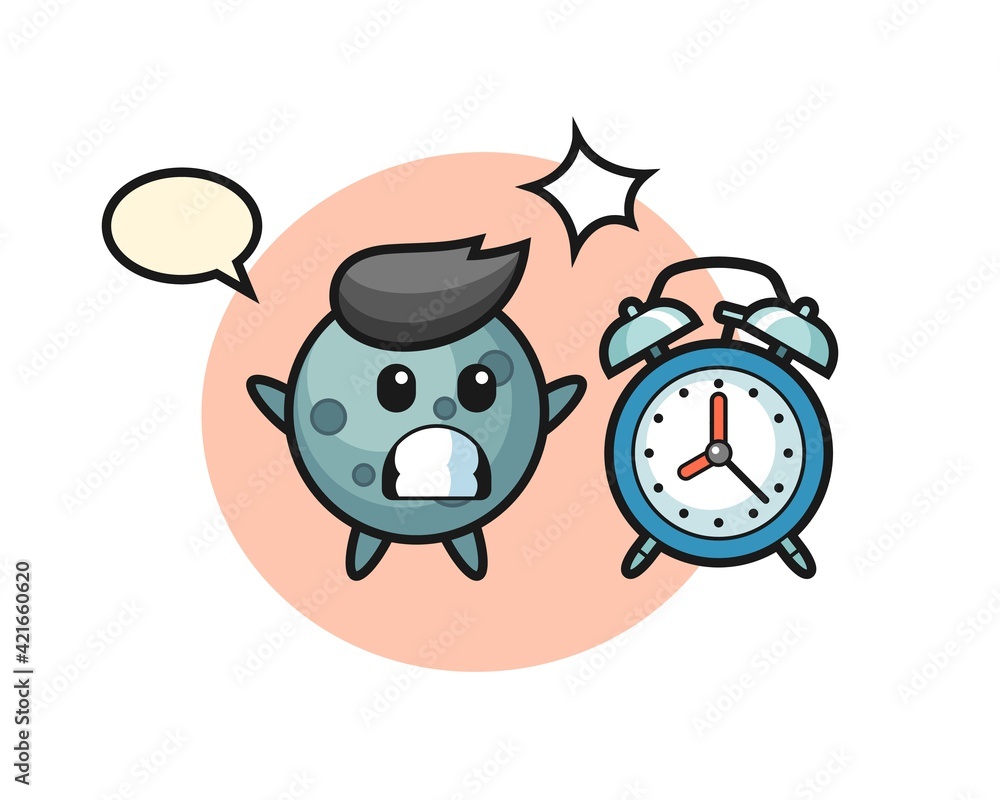 Cartoon illustration of asteroid is surprised with a giant alarm clock Cartoon illustration of asteroid is surprised with a giant alarm clock