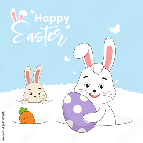 Easter background with rabbit hugging egg