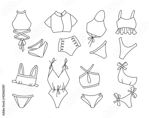 Lingerie or swimsuit summer black line set. Hawaiian woman beach fashion swimwear clothes swimsuit. Tropical flat bikini monokini. Hand drawn underwear top, bottom. Isolated trendy vector illustration