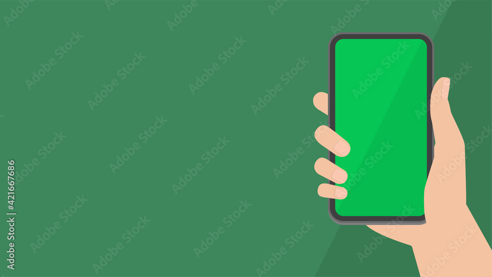 スマートフォンのモックアップ素材 スマホを持つ人の手とコピースペースのある画面 緑 Stock Vector Adobe Stock