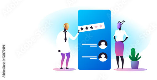 two robotic characters leaving review three stars rating on smartphone screen feedback artificial intelligence technology concept horizontal full length