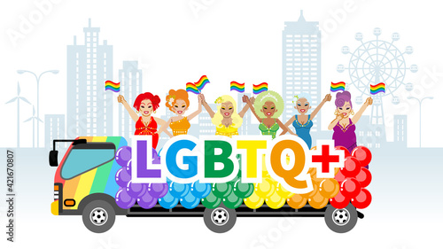 Six drag queens riding on the rainbow colored truck in cityscape - LGBTQ+ Rights concept art © sayuri_k