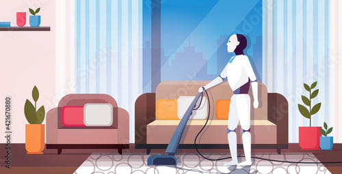 modern robot using vacuum cleaner robotic character doing housework artificial intelligence technology cleaning concept modern living room interior horizontal full length
