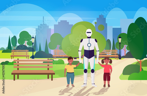 modern robot nanny walking with children artificial intelligence technology concept public park cityscape background horizontal full length