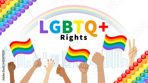 Raising hands to holding a Rainbow flag and  fists in cityscape - LGBTQ+ Right concept art