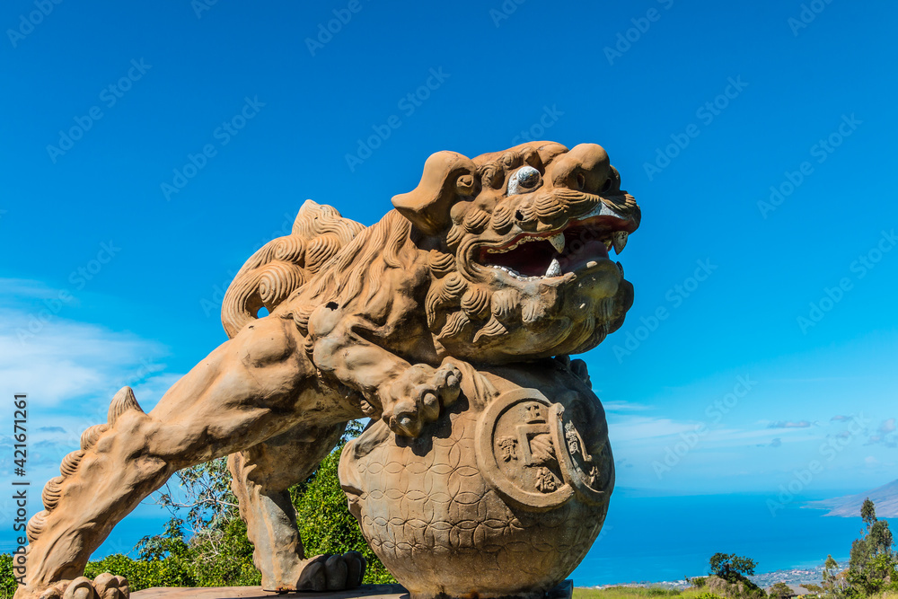 Traditional Chinese Foo Dog Dragon Sculptures Gaurding The Gateway Into Sun Yat Sen Memorial Park, Kula, Maui, Hawaii, USA