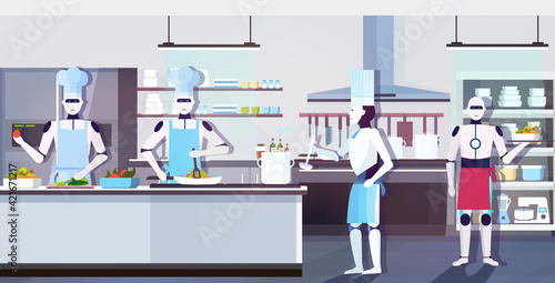 modern robots chefs cooking dishes robotic cooks preparing food artificial intelligence technology culinary concept modern kitchen interior horizontal full length