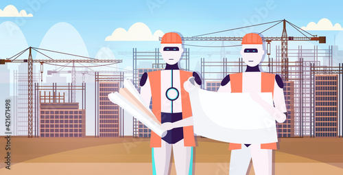 two robots architects in uniform holding blueprints artificial intelligence technology architect concept construction site background horizontal portrait