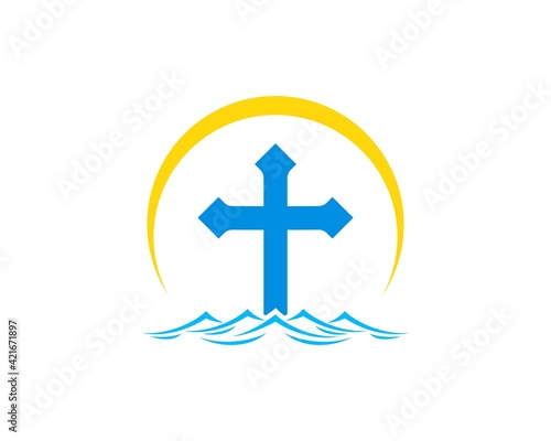 Religion cross with beach wave and swoosh